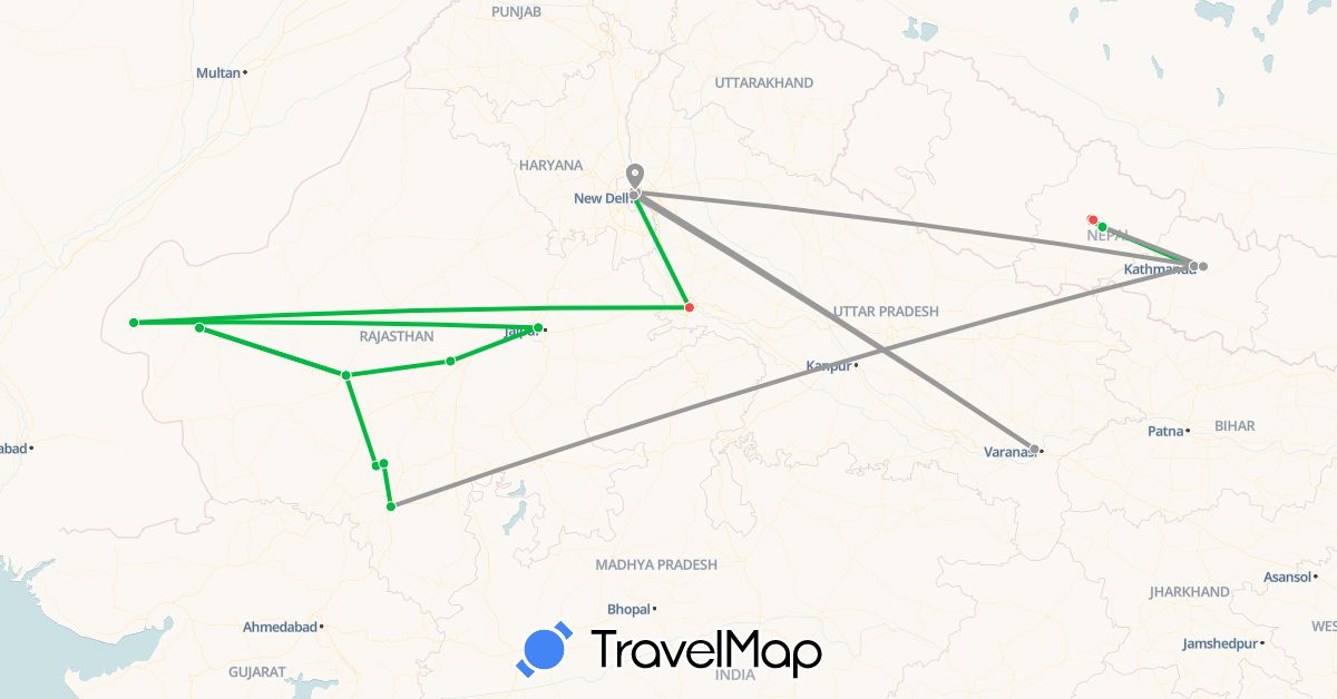 TravelMap itinerary: driving, bus, plane, hiking in India, Nepal (Asia)