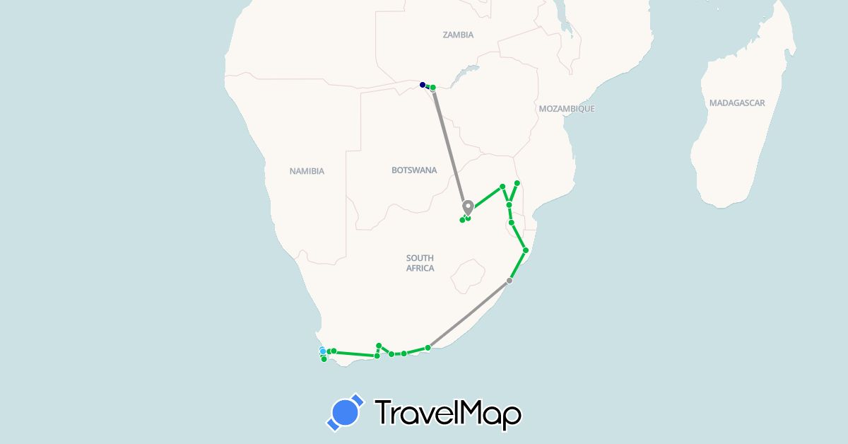 TravelMap itinerary: driving, bus, plane, boat in Botswana, Swaziland, South Africa, Zambia, Zimbabwe (Africa)
