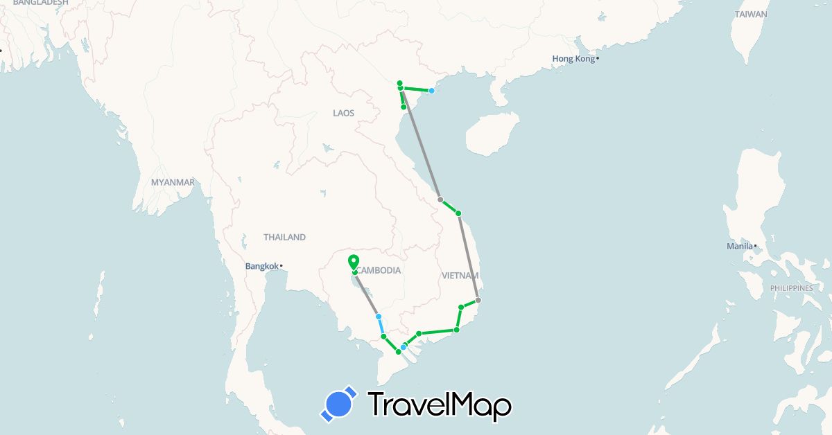 TravelMap itinerary: bus, plane, boat in Cambodia, Vietnam (Asia)