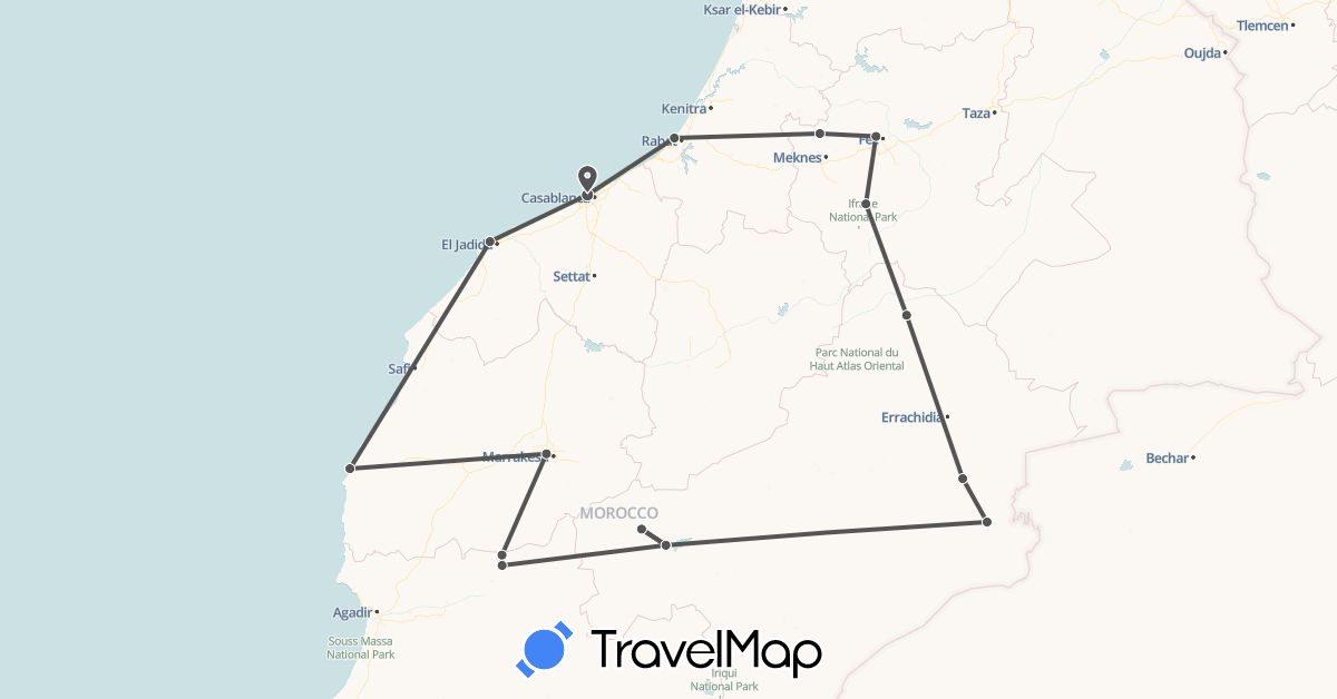 TravelMap itinerary: driving, motorbike in Morocco (Africa)